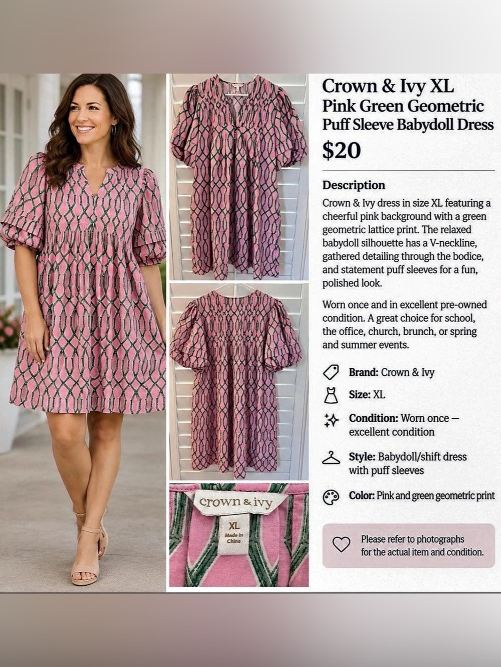Crown & Ivy Pink Green Geometric Puff Sleeve Babydoll Dress XL